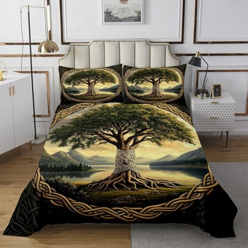 Tree of Life - Colcha infantil de tamaño doble, juego de colcha de paisaje natural de río de montaña, decoración de habitación de niños y niñas, colcha acolchada con ramas de árbol geométrico, edredón