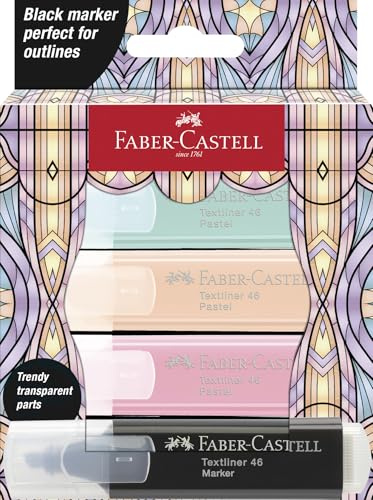 Faber-Castell 254694 - Set di evidenziatori Glassy Pastel, confezione da 4 pezzi, con pennarello nero, per bambini e adulti