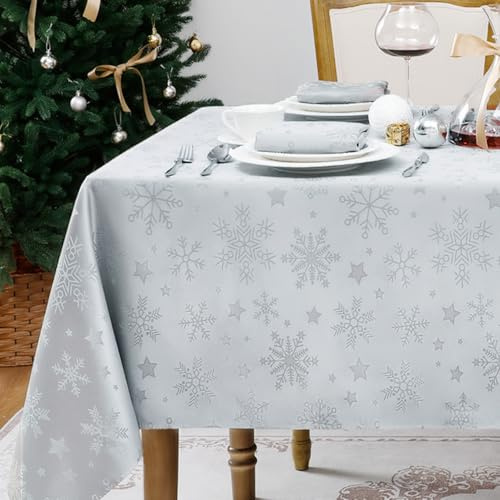 Romanstile kleine Tischdecke Weihnachten 85x85 cm Silber Mitteldecke abwaschbare Jacquard Tischdecken Schneeflocke & Sterne,Wasserabweisend für Ferien,Couchtisch,Küche,Christmas,Fest,Xmas