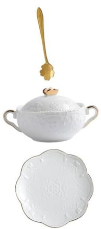 Hemobllo Cuenco De Cerámica Para Sopa Con Tapa y Cuchara, Doble Asa, Borde Dorado, Set 3 Piezas, Vajilla Para Cocina y Comedor, Uso Doméstico y Restaurante
