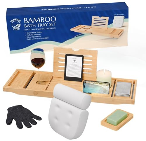 Tranquil Tides Luxury Bamboo Bath Tray Set with Pillow – Wooden Bath Shelf, Caddy, Board & Rack, Bathtub Table, Over Bath Tray & Bath Accessories for Women