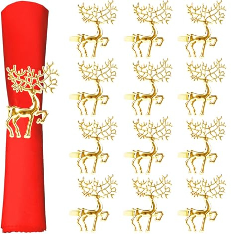 Anstore Rond de Serviette Renne de Noël, 12 Pièces Ronds de Serviette de Noël en Métal Doré, Decoration Noel Bague Serviettes de Table pour Mariage, Fête, Dîner, Décoration De Table, Banquet