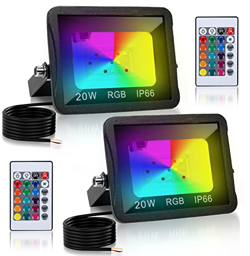 Monucep RGB Strahler 20W Fluter Mit Fernbedienung LED Außen Fluter Flutlichtstrahler IP66 Wasserdicht, Memory funktion Außen Strahler Flutlicht, Garten Stimmungslichter (2er-Pack)