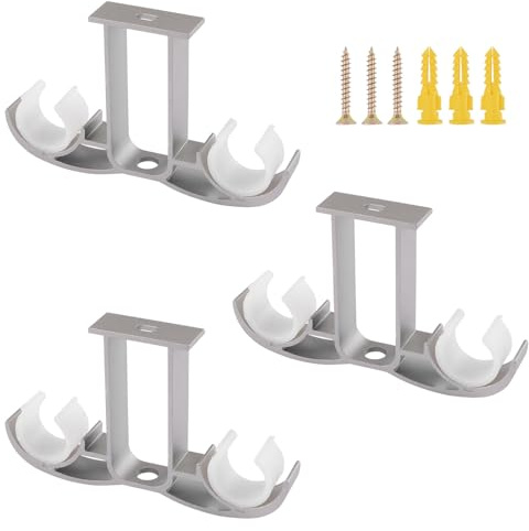 UFURMATE 3 piezas de soportes dobles para barra de cortina, soportes de montaje en techo de aleación de aluminio para barra de cortina de ventana, para palos de cortina de 24-30mm (Gris)