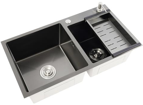 Fregadero de cocina doble fregadero de acero inoxidable con escurridor y dispensador de jabón, 2 cuencos, fregadero empotrado, para el hogar, restaurante, 78 x 43 x 22 cm