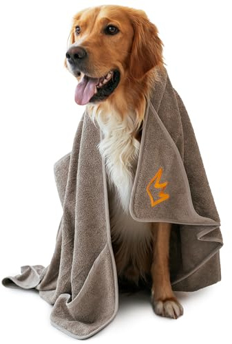 Rudelkönig Hundehandtuch extra saugfähig - Baumwolle Badetuch 100x60cm | Extra saugfähiges Hunde Handtuch mit 6 Taschen - Badetuch für kleine und mittelgroße Rassen