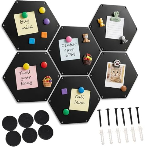 LEIFIDE 6 Pcs Black Magnetic Board 12 x 10 Inch Wall Mounted Hexagonal Magnet Bulletin Board Suitable for Displaying Notes Memos Photos Office Supplies Kitchenware Vision Boards, Equipped with Screws