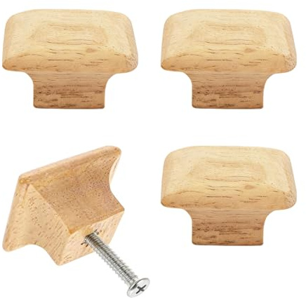 Mistillion Square Wooden Drawer Knobs (4 Pack) - Natural Wooden Door Handles/Cabinet Door Knobs - Wardrobe Door Knob with Screws - 3.5cm/1.37 Inches Wooden Handles - Door Knobs for Cupboards