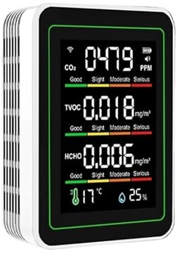 Detector de Gas, Detector de Calidad del Aire Tuya WiFi 5 en 1 Mejorado, formaldehído, TVOC, Temperatura, Humedad, CO2 y batería 15 Horas duración para el Trabajo, el hogar(WiFi 5in1 Monitor-W)