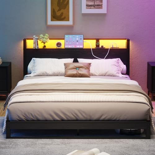 4ft6 Double Bed Frame with Ergonomic Storage Headboard,Metal Platform Low Bed Frame Double,Floor Bed Base with Charging Station and LED,Heavy Duty Mattress Foundation,Easy Assembly,No Noise,Black