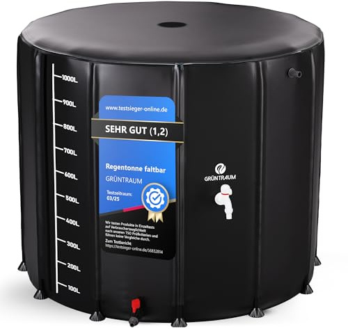 GRÜNTRAUM Regentonne faltbar 1000L XXL – Regenfass groß/Regenwassertonne/Wassertank faltbar – Wasserfass stabil – witterungsbeständig – mit Füllstandsanzeige & Air Wing System (Schwarz)