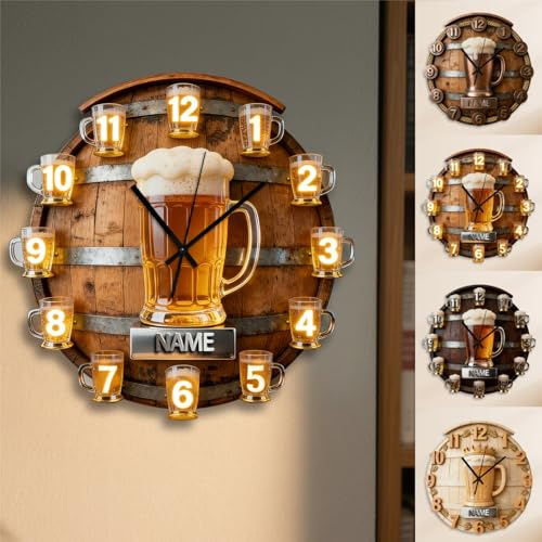 Orologio da parete a tema birra personalizzato per camera da letto, soggiorno, ufficio, bar, club, nome personalizzato Cheers tazza di birra arte da parete 2D stampa piatta barile decorazione moda