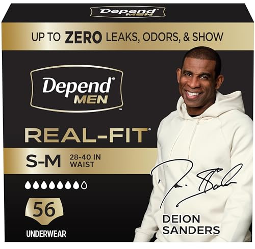 Depend Real Fit Adult Diapers, Incontinence Underwear for Men, Disposable, Maximum Absorbency, Small/Medium, Black, 56 Count (2 Packs of 28), Packaging May Vary