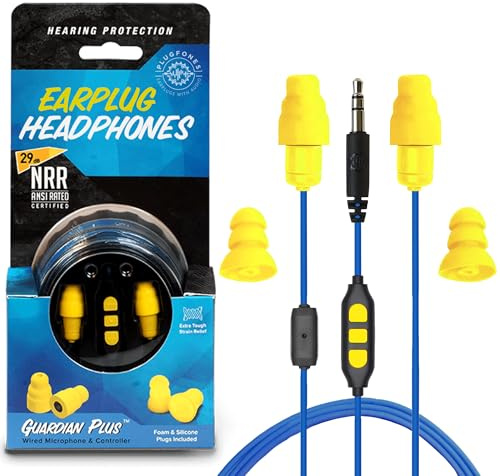 PlugFones Guardian Plus, Earplugs with Audio, 26 dB NRR, Noise Isolating Mic and Controls