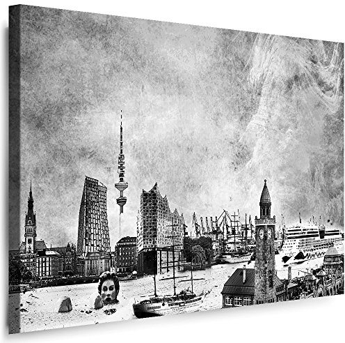 Julia-Art Leinwandbilder Skyline - Bild Hamburg - Wandbild fertig gerahmt - 80 mal 60 cm XXL Kunstdruck - Stadt Leinwand Motive - Verschiedene Varianten Hb-01-11