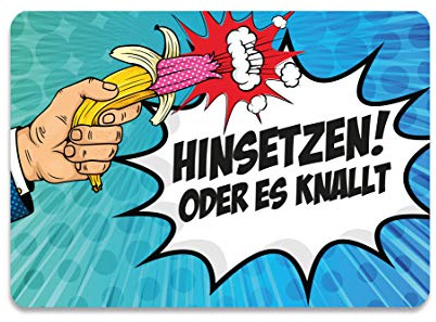KaiserstuhlCard Magnete WC Schild Hinsetzen oder es knallt 14,8 cm x 10,5 cm Toilette selbstklebend Comic Aufkleber Türschild Tür Haus Büro Praxis Geschäft Sitz Toilettensitz WC-Sitz Zubehör