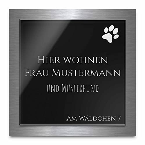 Premium Türschild aus Hochglanz Acrylglas und V2A Edelstahl | Namensschilder mit Gravur und Motiven Familienschild Türschilder für die Haustür mit Namen selbstklebend oder mit Bolzen 12x12 cm