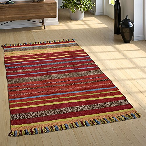Paco Home Tappeto da soggiorno naturale con frange, kelim moderno intessuto a mano, 100% cotone, Dimensione:160x220 cm, Colore:Terracotta