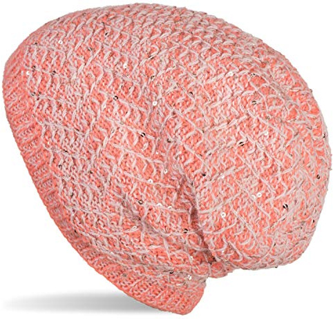 styleBREAKER Damen Strick Beanie Mütze mit Pailletten und Thermo-Fleece Futter, Winter Slouch Beanie 04024168, Farbe:Koralle