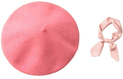 JOYHY Damen Wolle Künstler Französisch Baskenmütze Barett mit Quadratischem Schal Rosa