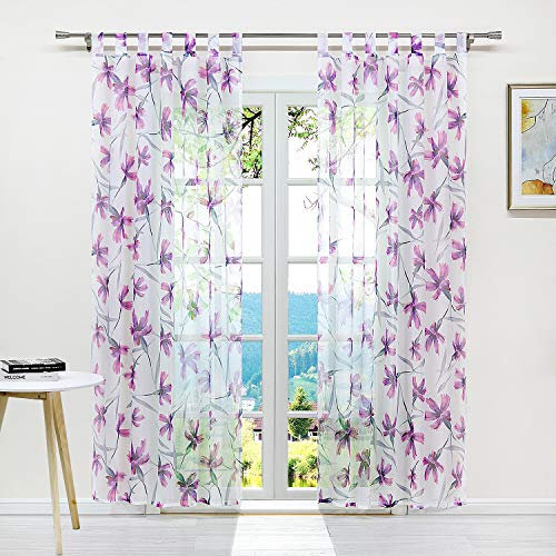 ESLIR Gardinen mit Schlaufen Vorhänge Gardinenschals Transparent Schlaufenschal Pflanzen Muster Voile Lila BxH 140x175cm 1 Stück