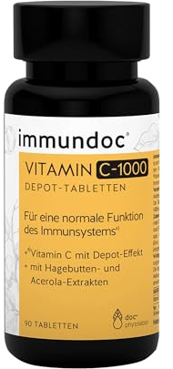 immundoc VITAMIN C 1000 Depot Tabletten, 90 Stück, Vitamin C hochdosiert 1000 mg, mit Hagebutten und Acerola Extrakt, Nahrungsergänzung Immunsystem