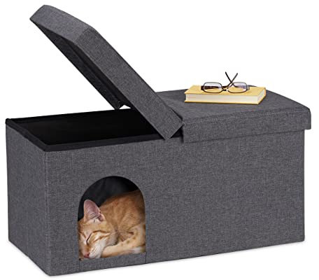 Relaxdays Katzenhöhle faltbar, belastbare Sitzbank, Katzenmöbel Indoor, Tierversteck, HBT: 38,5 x 74,5 x 37 cm, grau
