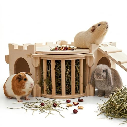 Large Guinea Pig Castle, Natural Wood Rabbit House with Ladder and Hay Feeder, Small Animal Hideout for Rabbit, Guinea Pig, Chinchilla, Hedgehog