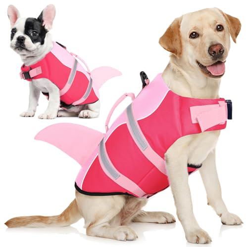 AOFITEE Schwimmweste Hund XL, Verstellbar Hai Hundeschwimmweste Große Hunde, Hoher Auftrieb Rettungsweste für Hunde mit Rettungsgriff, Ripstop Hunde Schwimmweste Labrador Dog Life Jacket, Rosa, XL