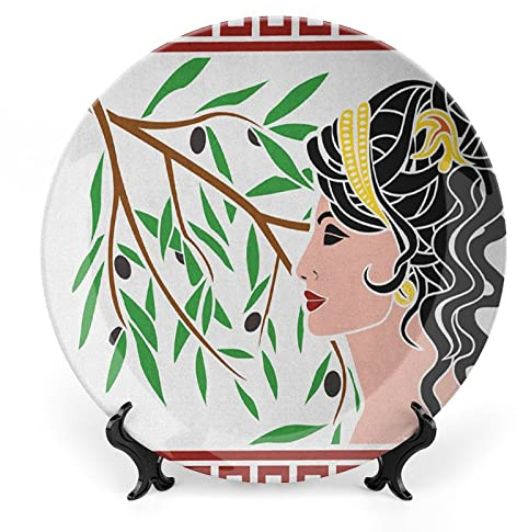 7 Inch Decorative Plate,Toga Party Ceramic Craft, Mythological Aphrodite Profile and Olive Branch Greek Print Ceramic Wall Hanging for Fine Dining Upscale Events, Dinner Parties, Weddings, Catering