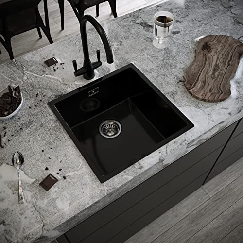 Excel Home Kitchen Sink with Strainer & Overflow - Luxurious Single Bowl Kitchen Sinks Made of Pressed Material - Scratch Resistant & Simple to Keep Clean – Hygienic & Sound Absorbing (Gloss Black)