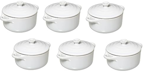 Lot de 6 Mini Cocottes Blanches Céramique Double Poignées avec Couvercle 13,5cm x 8cm Contenance Moule 200ml Ramequin Résistant Haute Température Four pour Petits Plats (Blanc, Lot de 6) …
