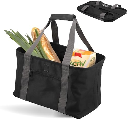eluno shoppingkorg, utrymmesbesparande, vikbar, stabil shoppingväska, förstärkt botten, picknickkorg, polyester vattenavvisande, svart, svart, minimalist