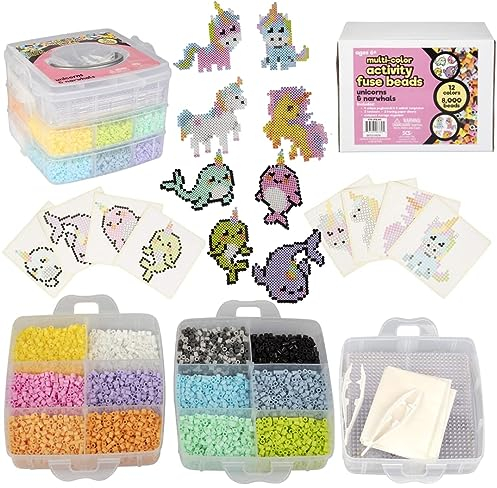 Idiy Kit de 8000 cuentas de unicornio para niñas, 12 colores, 8 plantillas de animales, 4 tablas de clavijas, pinzas, papel de planchado, trabajos de estuche con Perler, proyecto de manualidades,