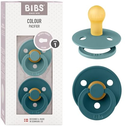 BIBS Pacifiers Colour Collection | Natural Rubber Baby Pacifier | Round Nipple | Set of 2 BPA-Free Soothers | Made in Denmark | 0+ Month (Pack of 2) | Island Sea/Forest Lake