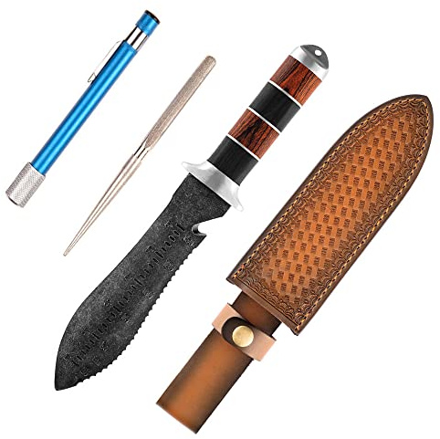 MINAMINO Outdoor Multipurpose Knife Fixed Blade for Camping Gardening Weeding Digging with Thick Leather Sheath and Sharpening Rod