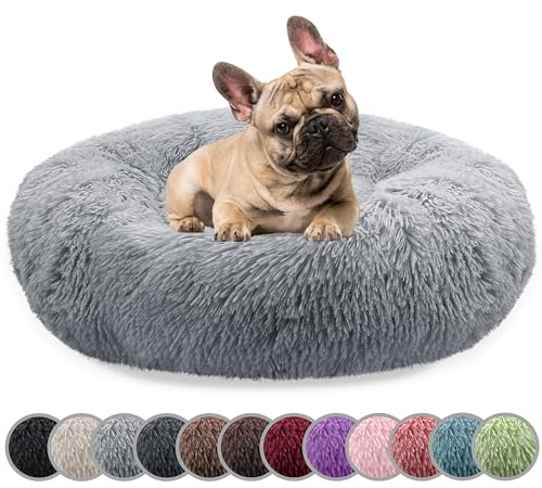 bluzelle Hundebett für Mittelgroße Hunde, 70cm Hundekissen Rund Donut Kissen Hundekorb Flauschig Plüsch, Ergonomisch Bezug Waschbar rutschfest Weich Kunstfell, Farbe:Hellgrau