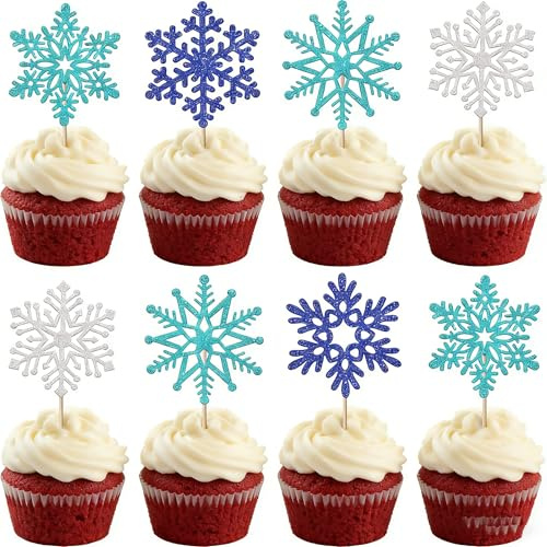 Xsstarmi 30 Stück Schneeflocke Cupcake Toppers Glitzer Schneeflocke Cupcake Picks für Winter Frozen Thema Baby Shower Geburtstag Neujahr Weihnachten Party Kuchen Dekoration Supplies Mix Blau