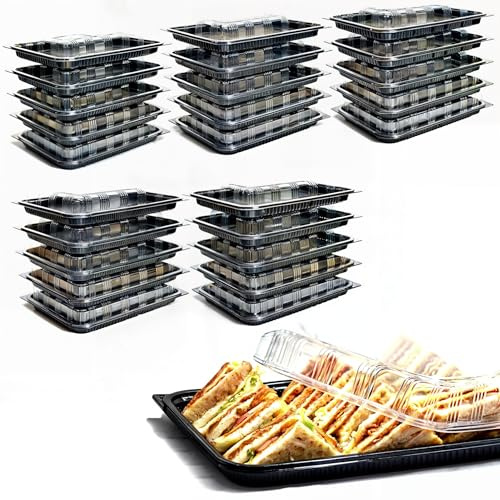 Zumart Sandwichplatten mit Deckel, wiederverwendbar, Kunststoff, Catering-Tabletts mit Deckel, für Mahlzeiten, Kuchen, Leckereien und Sandwiches, 33,5 x 24 x 6 cm, 25 Stück