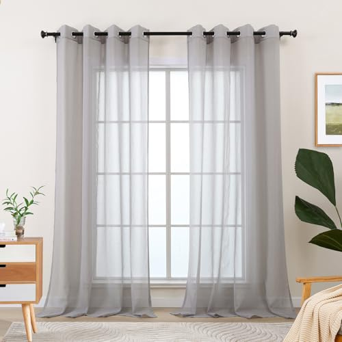 L.Z.E Gardinen Grau für Wohnzimmer, Vorhänge Hellgrau mit Ösen, Transparent Gardine Vorhang für Schlafzimmer Fenster, 2er Set Gardinenschals Durchsichtig Modern 225 cm Lang