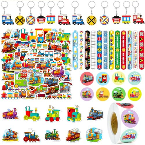 HEMYTAP 574Pcs Train Party Favors Train Themed Birthday Party Supplies Include Slap Bracelets, Keychains, Stickers for Kids Boys Train Birthday Party Decorations