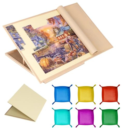 Tektalk Foldable Jigsaw Puzzle Board with 4 Angle Adjustable Bracket/Stand, Lightweight Portable Puzzle Mat Plateau with Wooden Easel, Foldaway Felt Puzzle Table, for Up to 1500 Pieces - Beige