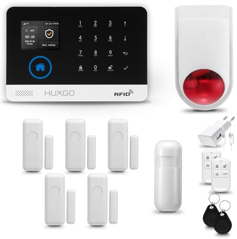 HUXGO® HXA003 Funk Alarmanlage Set WiFi + GSM mit Alarmsirene | Alarm System mit Bewegungsmelder, 5X Fensteralarm/Türsensoren | Alarmanlage fürs Haus, Wohnung | Smart Home