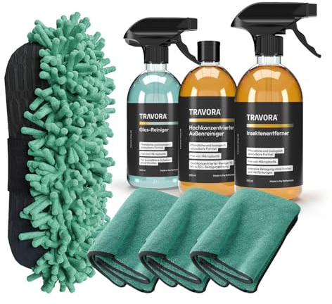 TRAVORA Premium Auto Reinigungsset - 5-teiliges Reinigungsset Auto inkl. Bio-Autoshampoo Konzentrat, Insektenentferner Auto, Scheibenreiniger Windschutzscheibe, Autoschwamm, 3x weiche Mikrofasertücher