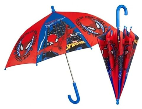 PERLETTI Spiderman Regenschirm Kinder Blau Rot - Langer Regenschirm Spider Man Jungen 4 5 6 Jahre winddicht robust - Regenschirm Spiderman sicheres manuelles Öffnen - Durchmesser 66 cm (Blau) (Blau)