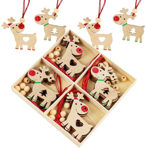 JWTRSVTY 20PCS Elch Weihnachten Anhänger Holz, Weihnachtsbaum Rentiere Holzanhänger, Holzanhänger zum Bemalen Weihnachten, DIY Holz Christbaumschmuck mit Perlen und Seile, für Weihnachtsbaum DIY Deko