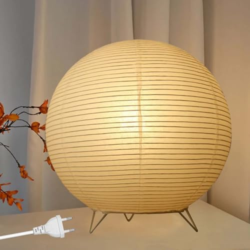 Reispapier Lampenschirm, Papier Tischlampe Weiß Nachttischlampe Stehlampe Tischleuchte Lampenschirm mit E14 Fassung, Schalten und Glühbirne, Hängelampe rund Ersatzlampenschirme 1.8m kabel, H 24cm
