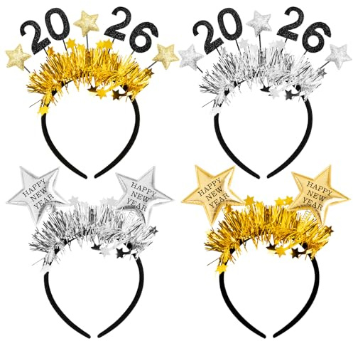 BOOMTOP 4 Silvester Haarreif 2026 Happy New Year Haarreifen Silvester Deko 2026 Glitzer Stirnband Neujahr Haarbänder mit Lametta Gold Silber Sterne Kopfschmuck Weihnachten Neujahrdeko Fotorequisiten