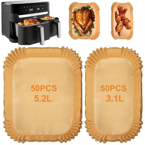 100PCS Air Fryer Liners for Tefal Easy Fry 5.2L/3.1L, Tower T17099, Lakeland 5L/3L, Salter EK5729, NEETA 5.5L/3.5L, Philips 3000 Series, Disposable Air Fryer Paper Accessories for Dual Zone Air Fryer