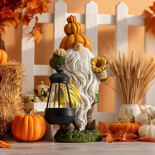 TERESA'S COLLECTIONS Herbstdeko Outdoor, Gartendeko für Draußen, Gartenzwerg lustig Wetterfest Figur, Herbst Dekoration mit Solarleuchte,Geschenke für Frauen